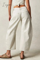 Ingvn- Casual Vintage Solid Pocket Without Belt Mid Waist Loose Denim Jeans(No Belt) Denim/Jeans