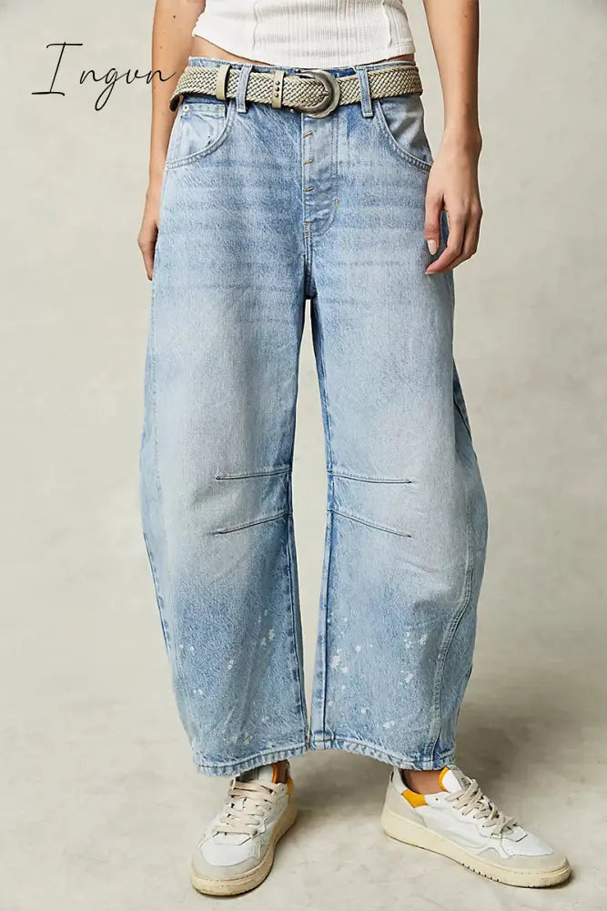 Ingvn- Casual Vintage Solid Pocket Without Belt Mid Waist Loose Denim Jeans(No Belt) Denim/Jeans