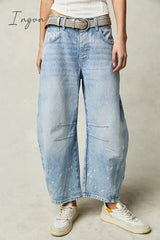 Ingvn- Casual Vintage Solid Pocket Without Belt Mid Waist Loose Denim Jeans(No Belt) Denim/Jeans