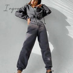 Ingvn - Casual Women Basic Hoodie Two Piece Sets Zipper Drawstring Jacket Outerwear And Elastic