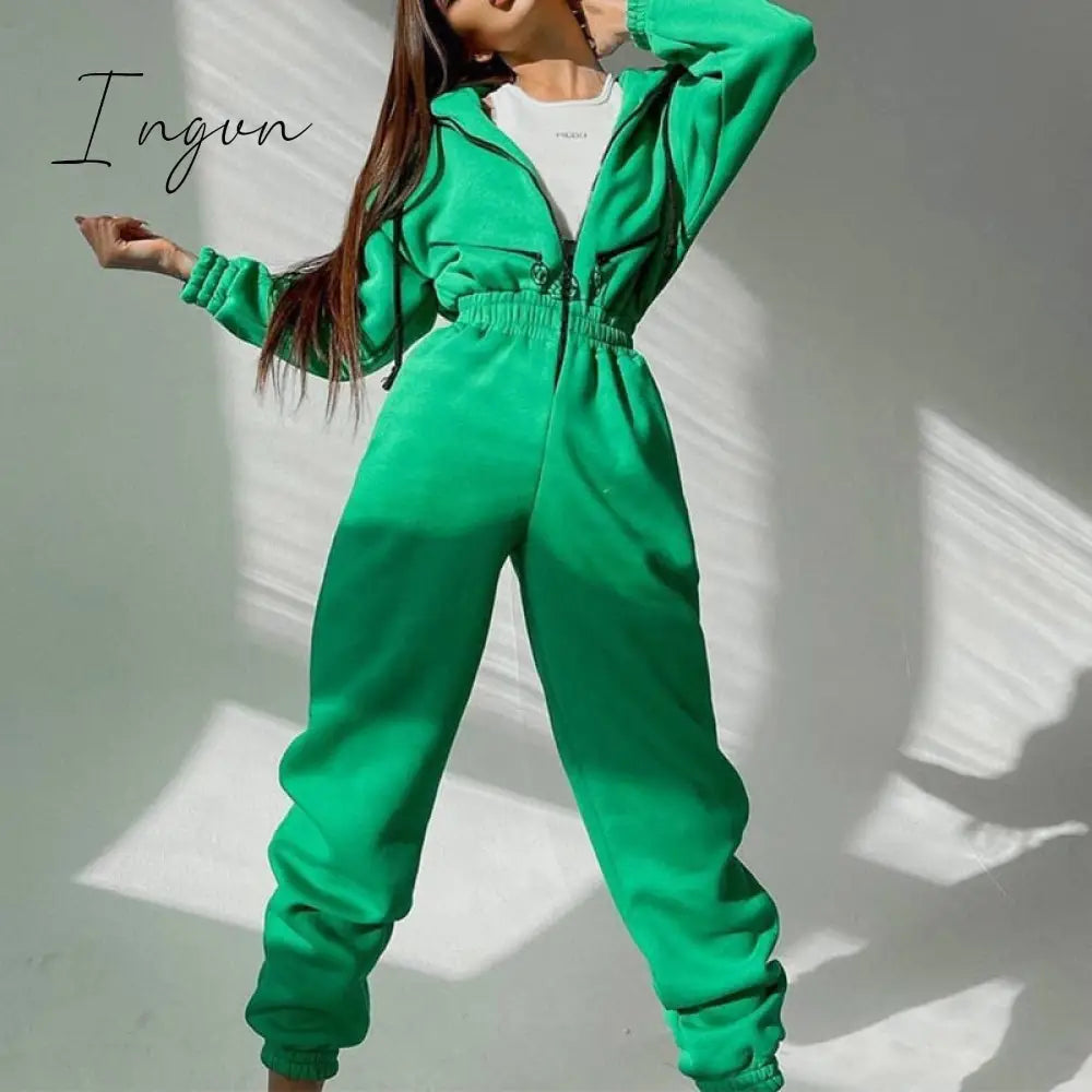 Ingvn - Casual Women Basic Hoodie Two Piece Sets Zipper Drawstring Jacket Outerwear And Elastic
