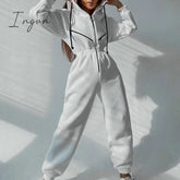 Ingvn - Casual Women Basic Hoodie Two Piece Sets Zipper Drawstring Jacket Outerwear And Elastic