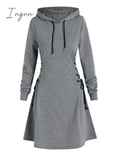Ingvn - Casual Women Long Sleeve Autumn Dress Drawstring Lace Up Mini Hoodie Vestidos Femme Gothic
