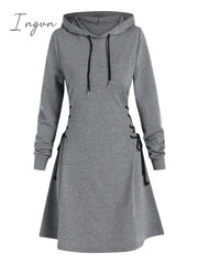 Ingvn - Casual Women Long Sleeve Autumn Dress Drawstring Lace Up Mini Hoodie Vestidos Femme Gothic