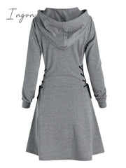 Ingvn - Casual Women Long Sleeve Autumn Dress Drawstring Lace Up Mini Hoodie Vestidos Femme Gothic