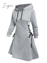 Ingvn - Casual Women Long Sleeve Autumn Dress Drawstring Lace Up Mini Hoodie Vestidos Femme Gothic