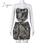 Ingvn - Casual Women Print Skirt Two Piece Set Strapless Tank Top + Mini Dress Slim Bodycon Clothes