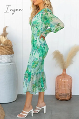 Ingvn - Celebrities Elegant Floral Frenulum V Neck One Step Skirt Dresses Dresses/Floral