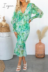Ingvn - Celebrities Elegant Floral Frenulum V Neck One Step Skirt Dresses Dresses/Floral
