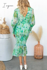 Ingvn - Celebrities Elegant Floral Frenulum V Neck One Step Skirt Dresses Dresses/Floral