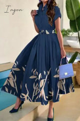 Ingvn - Celebrities Elegant Floral With Belt Turndown Collar Printed Dress Short Sleeve Tibetan