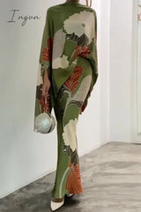 Ingvn - Celebrities Elegant Print Turtleneck Long Sleeve Two Pieces Green / S Pieces/Two-Piece Dress