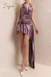 Ingvn - Celebrities Elegant Solid Appliques Backless Fold Halter Evening Dresses Dresses/Party And