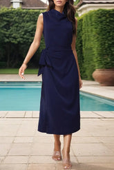 Ingvn- Celebrities Elegant Solid Bandage Slit Scarf Collar Sleeveless Dress Dresses Dresses/Casual