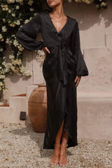 Ingvn - Celebrities Elegant Solid Bandage V Neck A Line Dresses Dresses/Long Sleeve