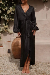 Ingvn - Celebrities Elegant Solid Bandage V Neck A Line Dresses Dresses/Long Sleeve