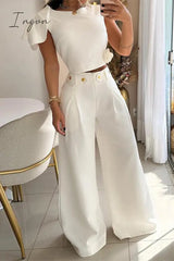 Ingvn - Celebrities Elegant Solid Buttons O Neck Short Sleeve Two Pieces Pieces/Two-Piece Pants Set