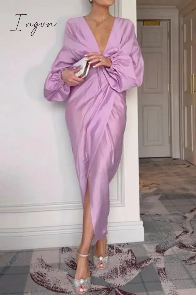 Ingvn - Celebrities Elegant Solid Fold V Neck A Line Dresses Dresses/Casual
