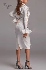 Ingvn - Celebrities Elegant Solid Lace Hollowed Out Turtleneck Princess Dresses Dresses/Midi