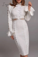 Ingvn - Celebrities Elegant Solid Lace Hollowed Out Turtleneck Princess Dresses White / S