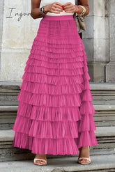 Ingvn - Celebrities Elegant Solid Mesh High Waist Type A Color Bottoms Rose Red / S Bottoms/Skirts