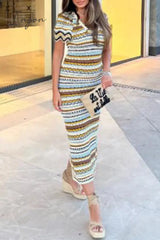 Ingvn - Celebrities Elegant Striped Contrast Weave V Neck One Step Skirt Dresses Dresses/Casual