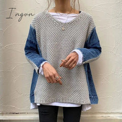 Ingvn - Chic Pacthwork Sweater Women Winter Knitwear Women’s Jumper Loose Oversize V Neck Long