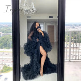 Ingvn - Chic See Thru Tulle Ruffles Photo Bathrobe Black Long Kimono Tiered Ruched A-Line Prom