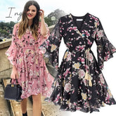 Ingvn - Chiffon High Elastic Waist Party Dress Bow A - Line Women Butterfly Sleeve Flower Print
