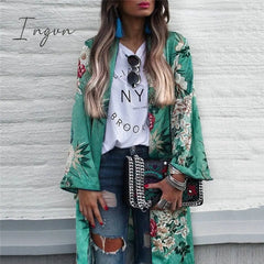 Ingvn - Chiffon Loose Shawl Kimono Long Blouse For Women Full Sleeve Floral Boho Shirts Top Ladies