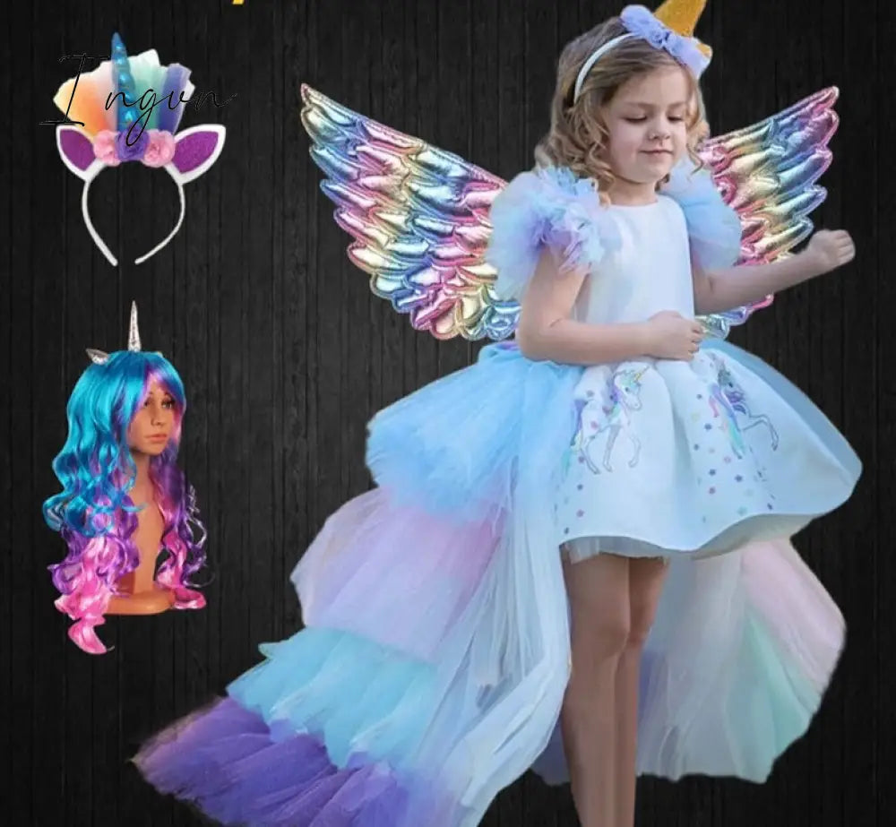 Ingvn - Christmas Girls Unicorn Dress With Long Tail + Wings Wig Hairband Baby Girl Princess