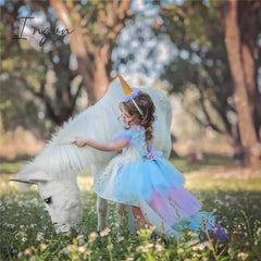 Ingvn - Christmas Girls Unicorn Dress With Long Tail + Wings Wig Hairband Baby Girl Princess