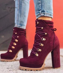 Ingvn - Chunky Stacked Heel Booties Wine Red / 5 Boots