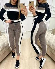 Ingvn - Colorblock Plaid Striped Short Sleeve Tape Top & Drawstring Pants Set Casual Basic Women