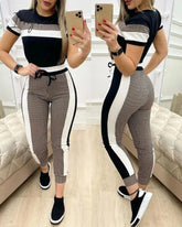Ingvn - Colorblock Plaid Striped Short Sleeve Tape Top & Drawstring Pants Set Casual Basic Women