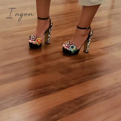 Ingvn - Colorful 3D Flowers Snake Embossed Ankle Strap Heels