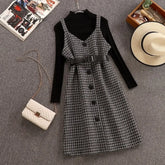 Ingvn - Commuter Style Sweater Dress Suit Women Autumn And Winter New Retro Woolen Plaid Strap