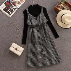 Ingvn - Commuter Style Sweater Dress Suit Women Autumn And Winter New Retro Woolen Plaid Strap