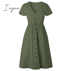 Ingvn - Cotton Linen Women Summer Dress Casual V - Neck Button Pocket Short Sleeve A - Line Midi