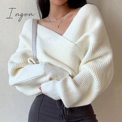 Ingvn - Criss-Cross V-Neck Knitted Sweater Women Long Sleeve Jumper Femme Sexy Elegant Party