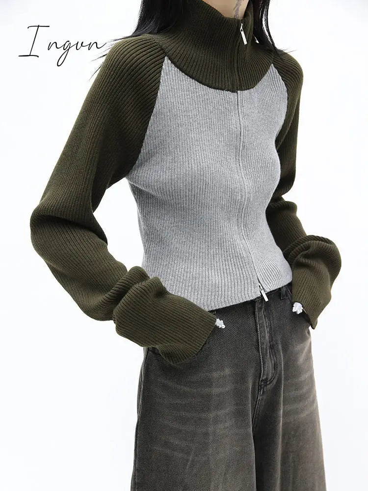 Ingvn - Cropped Cardigan Women Sweater Fashion Korean Knitwears Patchwork Turtleneck Tunic Jackets