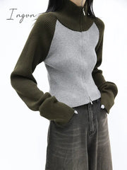 Ingvn - Cropped Cardigan Women Sweater Fashion Korean Knitwears Patchwork Turtleneck Tunic Jackets