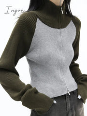 Ingvn - Cropped Cardigan Women Sweater Fashion Korean Knitwears Patchwork Turtleneck Tunic Jackets