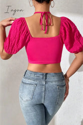 Ingvn - Cropped Halter Neck Tie Back Blouse