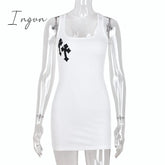 Ingvn - Cross Print White Sexy Dress For Women Summer Sleeveless Square Collar Tank Mini Casual