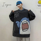 Ingvn - Cute Shark Kawaii Retro Loose Sweater Black / One Size