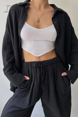 Ingvn - Daily Simplicity Solid Pocket Turndown Collar Long Sleeve Two Pieces Black / S