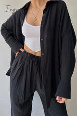 Ingvn - Daily Simplicity Solid Pocket Turndown Collar Long Sleeve Two Pieces Pieces/Two-Piece Pants