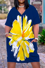 Ingvn - Dark Blue Yellow Casual Print Basic V Neck Short Sleeve Dress Dresses