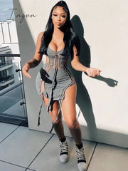 Ingvn - Dark Gray Hollow Out Mini Dress Sexy Drawstring Bandage Backless Summer Dresses For Women